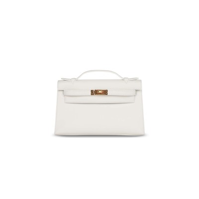 HERMES MINI KELLY POCHETTE WHITE SWIFT GOLD HARDWARE H049417CC01 (22*13*7cm) HERMES MINI KELLY POCHETTE WHITE SWIFT GOLD HARDWARE H049417CC01 (22*13*7cm)
